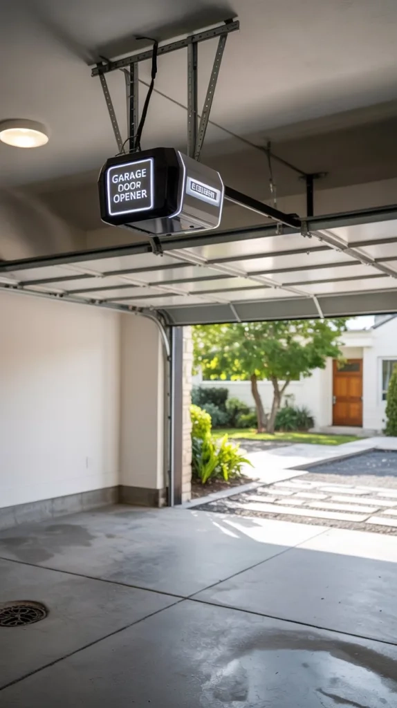 A photograph of a modern garage door opener hanging from the ceiling in a sleek, well-lit garage. The opener is a sleek black unit with a silver control panel featuring 