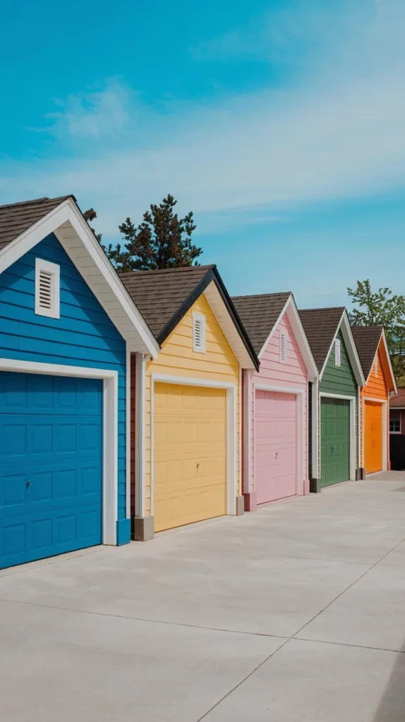 A photo of a row of garage exteriors painted in trendy color schemes. There's a blue garage with white trim, a yellow garage with black trim, a pink garage with grey trim, a green garage with white trim, and a orange garage with black trim. The garages are parked on a concrete driveway. The background contains a few trees and a building. The sky is clear and blue.