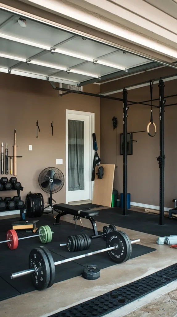 A garage gym with poor ventilation. There are various fitness equipment such as a barbell, dumbbells, a bench, and a pull-up bar. The walls are painted beige. There's a fan near the door. The floor is concrete.