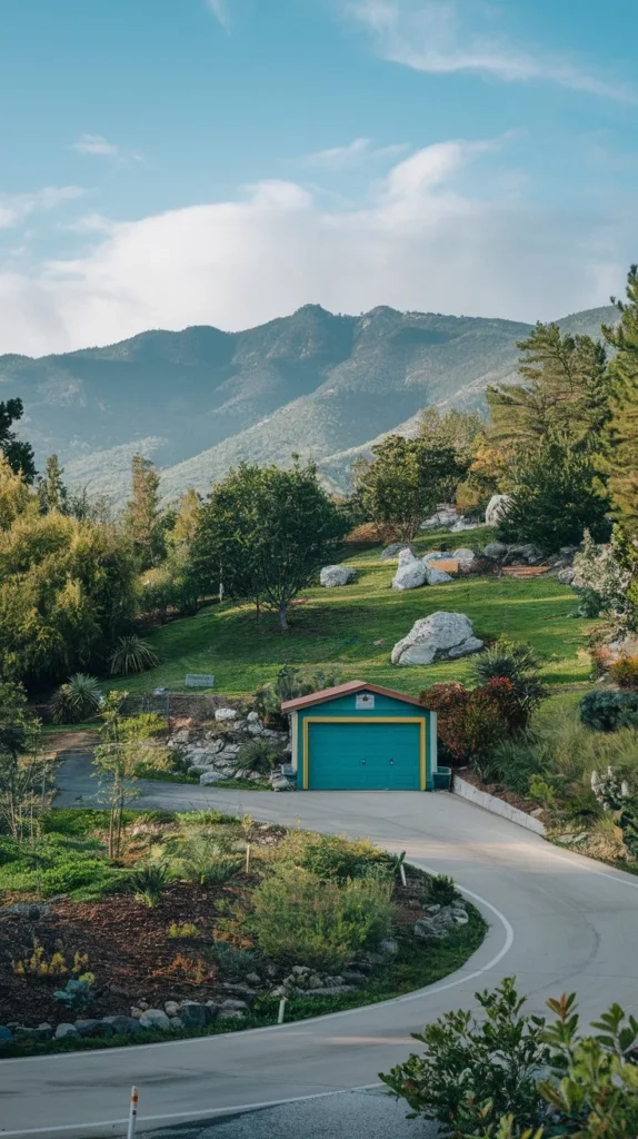 A photo of a landscape around a garage. There is a winding road leading to the garage, which is painted in a bright color. The garage is surrounded by a lush green garden with various plants and trees. There are also some rocks and boulders scattered around the landscape. The background reveals a mountain range with peaks covered in greenery. The sky is clear with a few clouds.