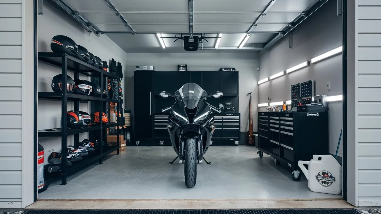 we see a garage that embodies this idea perfectly. The bicycle is hung on the wall, saving floor space and allowing easy access for a quick ride. This thoughtful organization is key in a multi-functional garage.