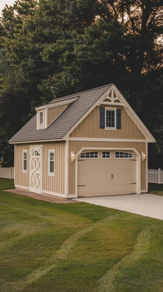 A photo of a beige exterior garage with a gray roof. The garage is made of wood and has a few decorative elements such as a window and a door. The garage is placed on a concrete foundation. The background is a well-maintained lawn with white picket fencing. The overall image has a warm hue.
