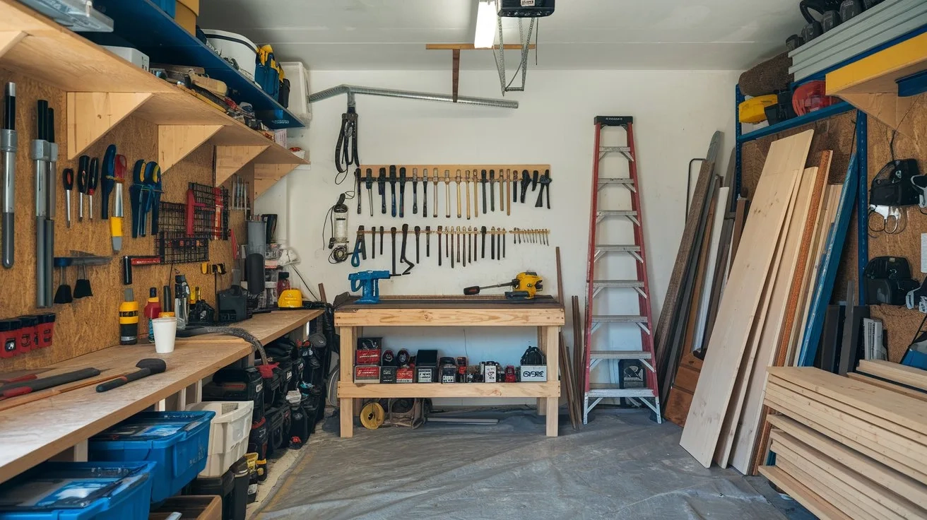 A photo of a garage workshop with various tools and equipment organized along the walls. There is a workbench in the middle with a vise and a hammer. Above the workbench, there is a hanging tool rack. There is a ladder against one of the walls, and next to it is a stack of wooden planks. The floor is covered with a tarp.