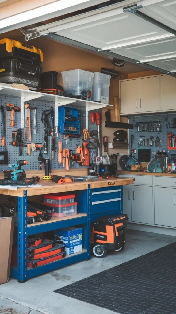 A garage workshop with a variety of tools, equipment, and materials organized in designated areas. The left side of the garage has a workbench with tools and a power drill. There's a shelf above the workbench with items like a flashlight, a wrench, and a hammer. The right side of the garage has a pegboard wall with hooks holding various tools. The back of the garage has a wall with storage cabinets. The floor is covered with a rubber mat.