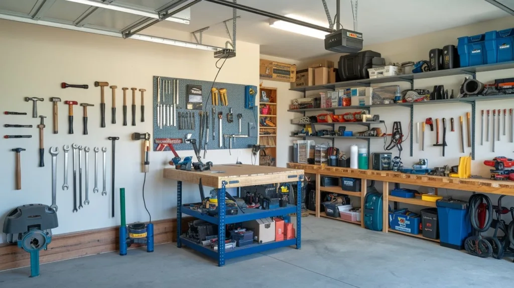 A photo of a garage workshop with a well-organized area. There are various tools and equipment on the walls, including a hammer, wrenches, and a drill. There is a workbench in the middle of the room, with a vise and a few tools. There are also shelves filled with tools, equipment, and supplies. The floor is clean and free of clutter.