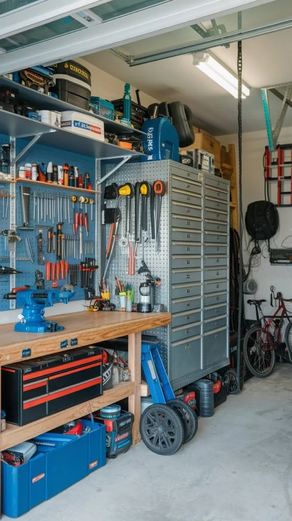 A photo of a garage workshop with various tools and equipment. The areas are organized as follows: the left wall has a workbench with a vise and a variety of hand tools. Above the workbench, there's a shelf filled with more tools. Below the shelf, there's a deep tool chest. The middle area has a large metal cabinet with multiple drawers. The right wall has a few hanging tools and a ladder. The floor has a few items, including a bike and a generator. The overall space is clean and well-maintained.