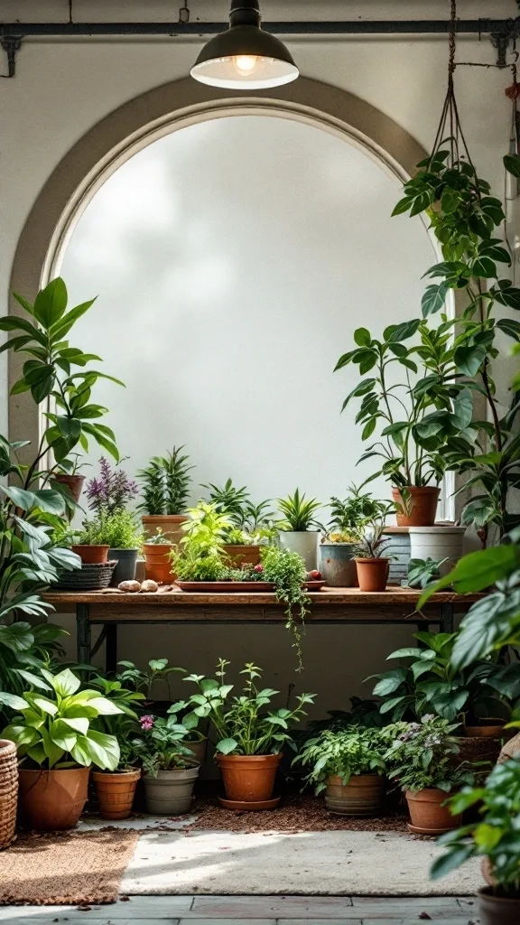 Indoor gardening nook with various plants in pots on a table, surrounded by greenery.