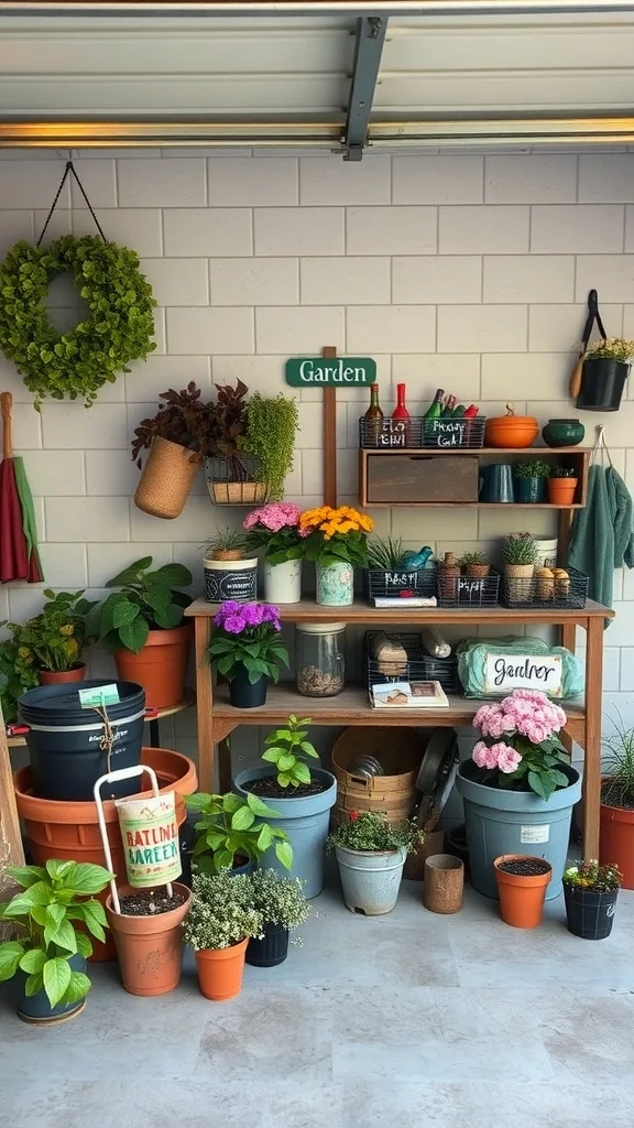 A gardening station in a garage featuring various plants, pots, and decorative items.