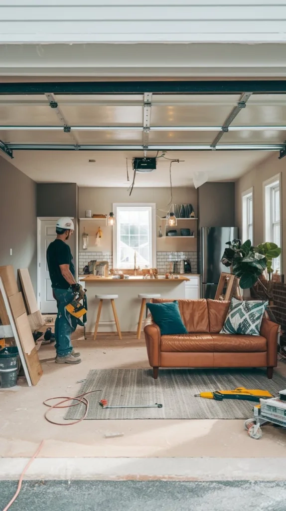 A photo of a garage conversion in progress. A man is seen in the foreground, wearing a helmet and holding a tool. The garage has been transformed into a modern living space with a kitchen, a sofa, and a plant. The walls have been painted and the floor is covered with a rug. There are tools and materials scattered around the room.