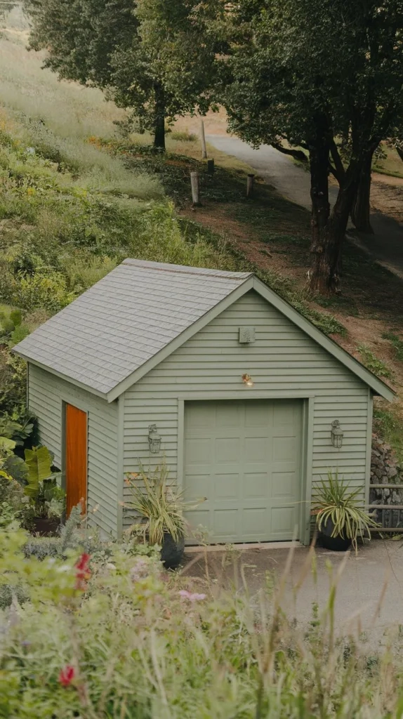 A photo of a sage green garage with a gable roof. The garage is situated in a sloped terrain landscape with lush greenery surrounding it. The garage has a wooden door and a few potted plants near the entrance. The background contains trees and a path. The overall image has a serene atmosphere.