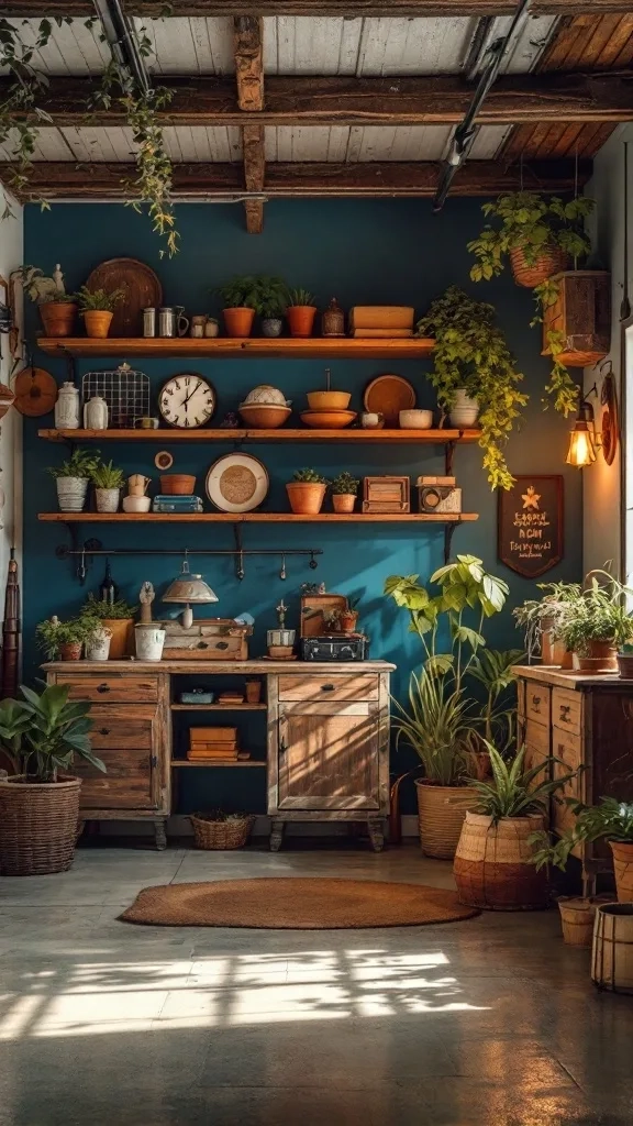 Cozy garage space with blue walls, wooden shelves, plants, and rustic furniture.