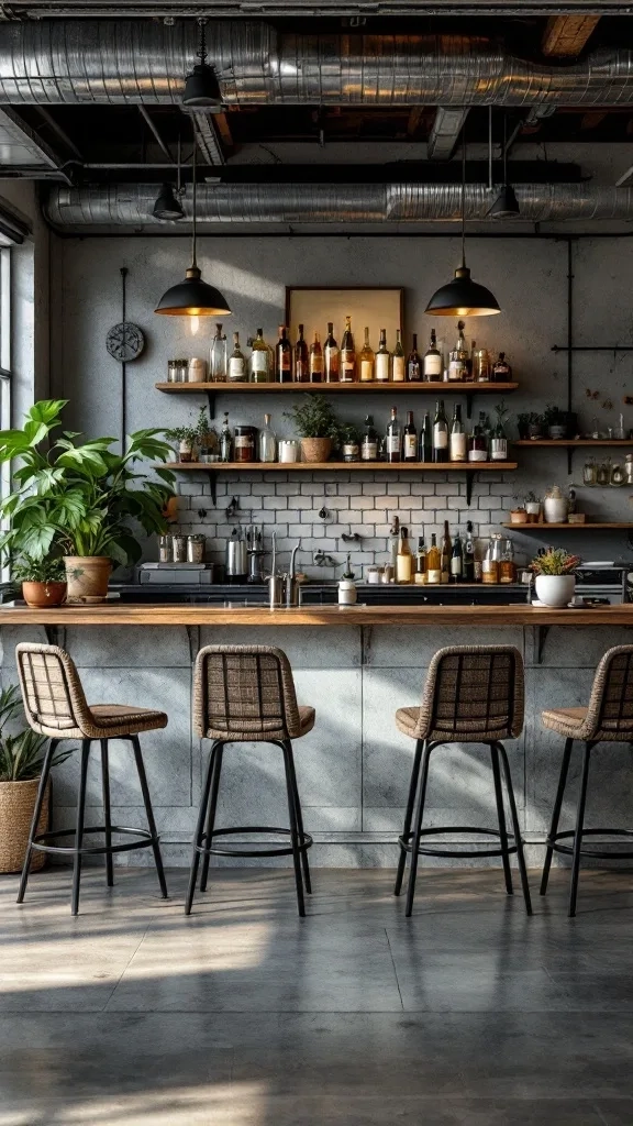 Stylish home bar and lounge area in a garage