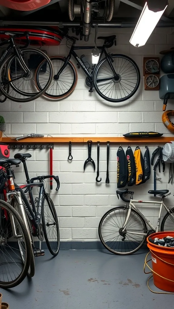 Bicycle storage area in a garage with bikes hung from the ceiling and tools organized on a shelf.