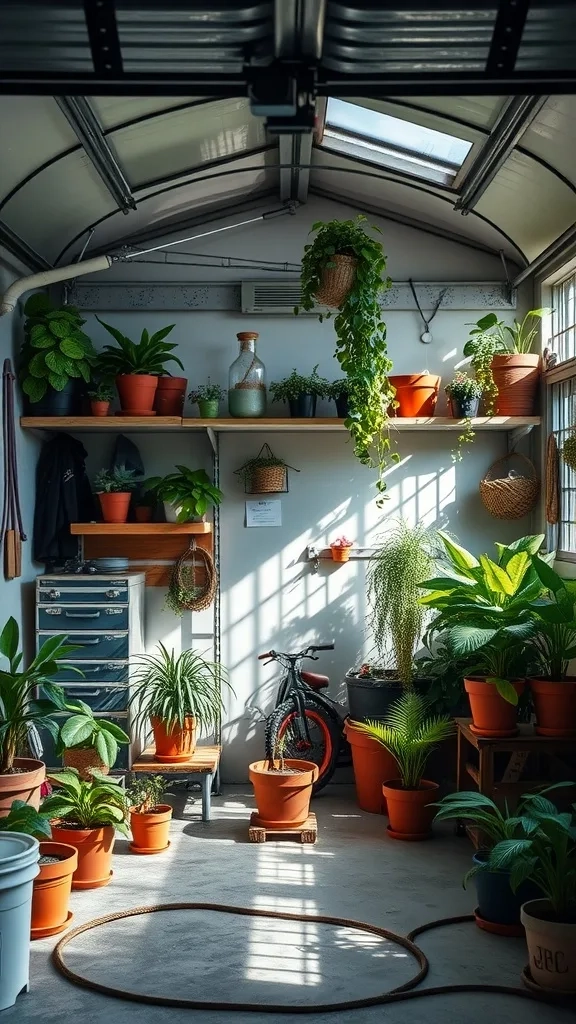 Indoor garden in a garage with various potted plants and shelves.
