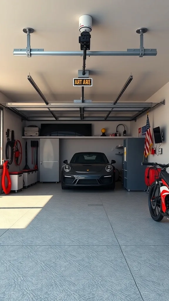 A modern garage featuring a car, smart garage opener, and organized storage