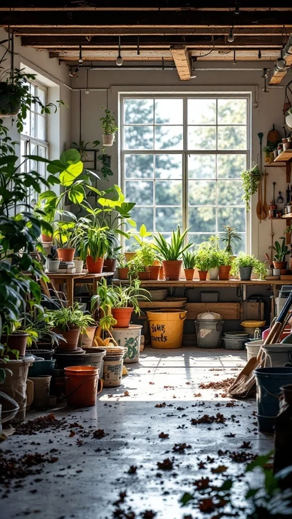 Indoor gardening space filled with various plants and pots, featuring a large window letting in natural light.