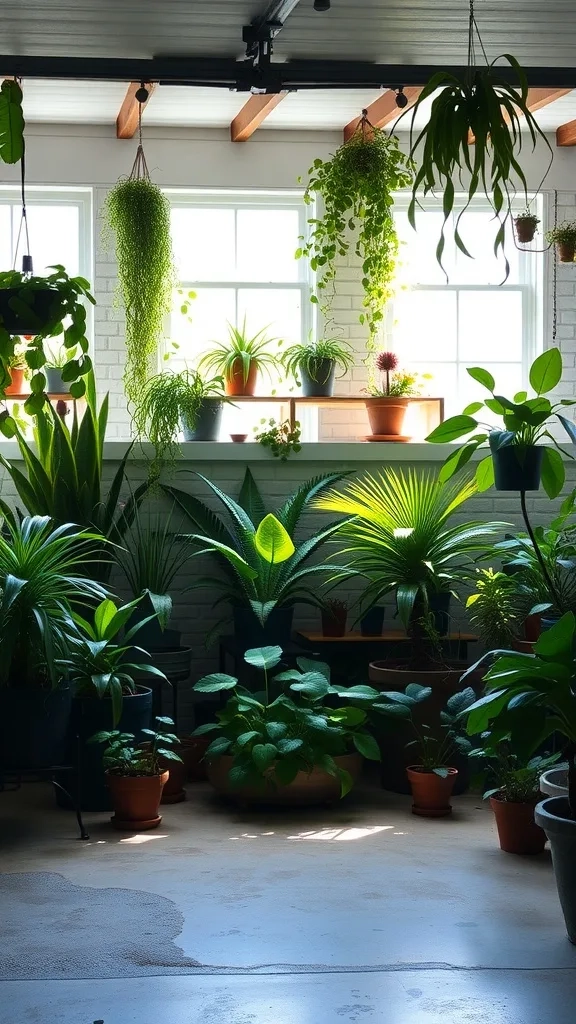 Lush indoor plants arranged beautifully in a garage space with natural light.