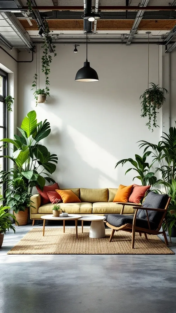 A stylish garage lounge with indoor plants, a yellow sofa, and a cozy atmosphere.