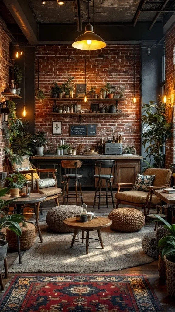 A cozy industrial-style garage lounge with exposed brick walls, wooden furniture, and plants.