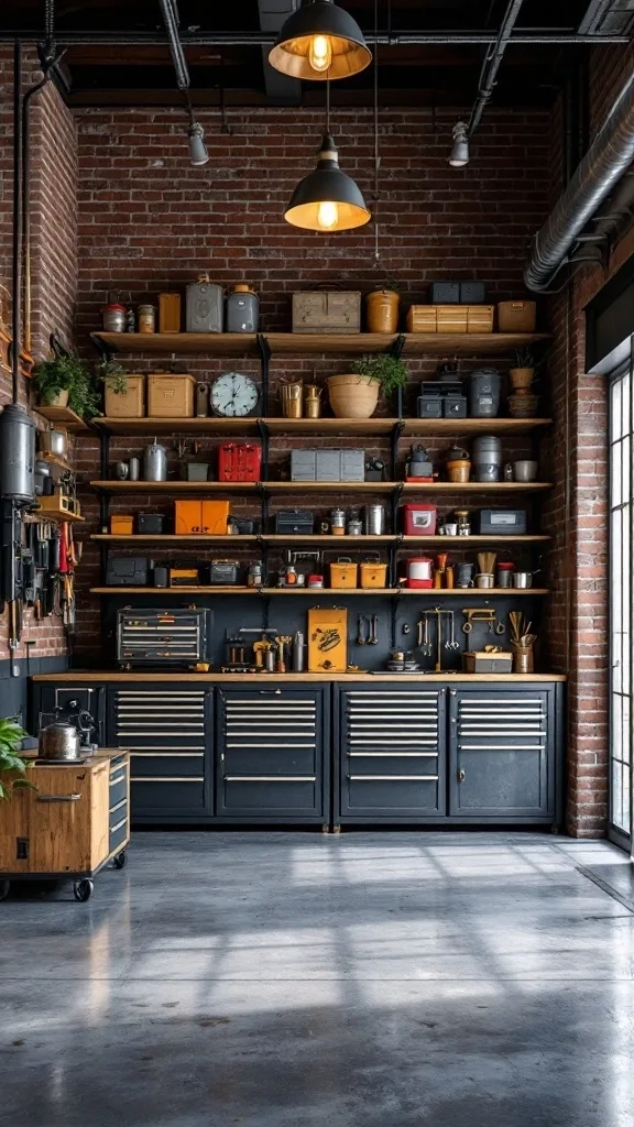 A stylish industrial garage with exposed brick walls, metal shelves filled with tools, and wooden accents.