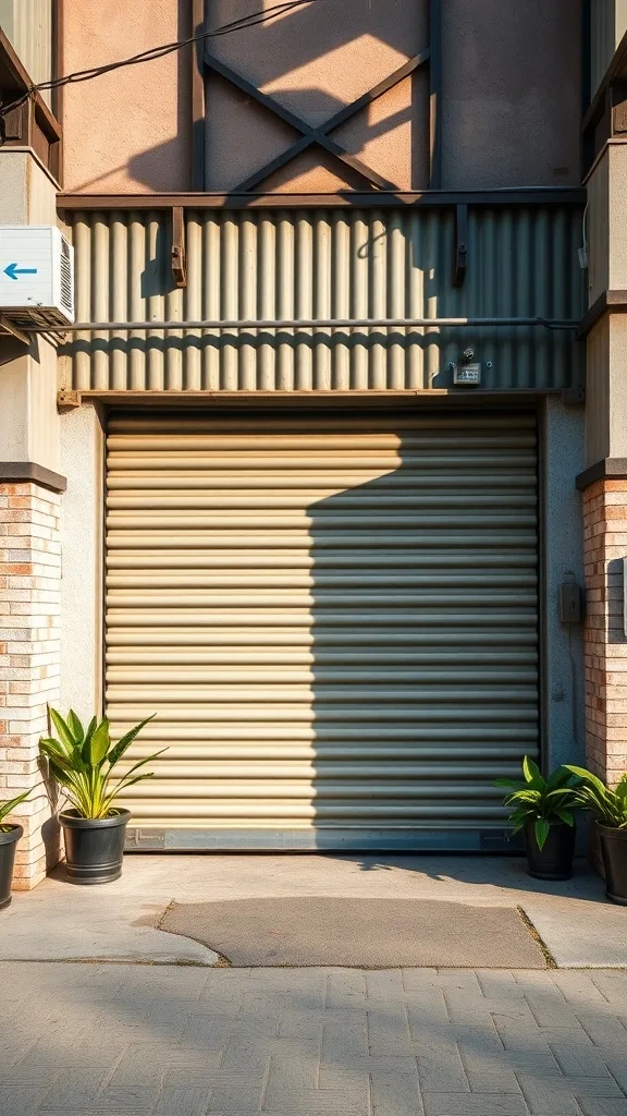 A metal garage door with potted plants on either side, showcasing an industrial chic aesthetic.
