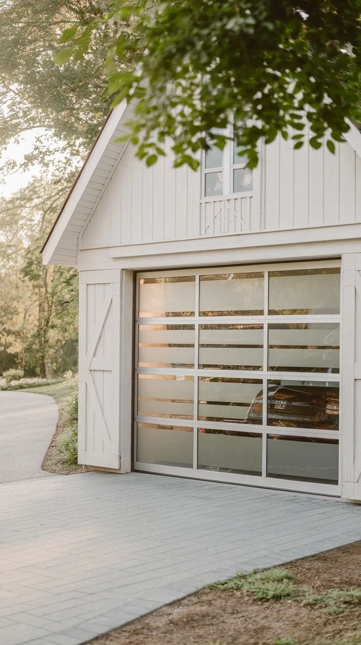 A modern garage with a sleek glass door and a white exterior.