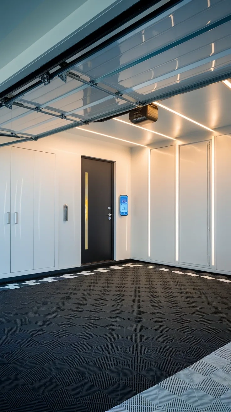 A modern garage showcasing smart technology features, including automated lighting and a sleek door control system.