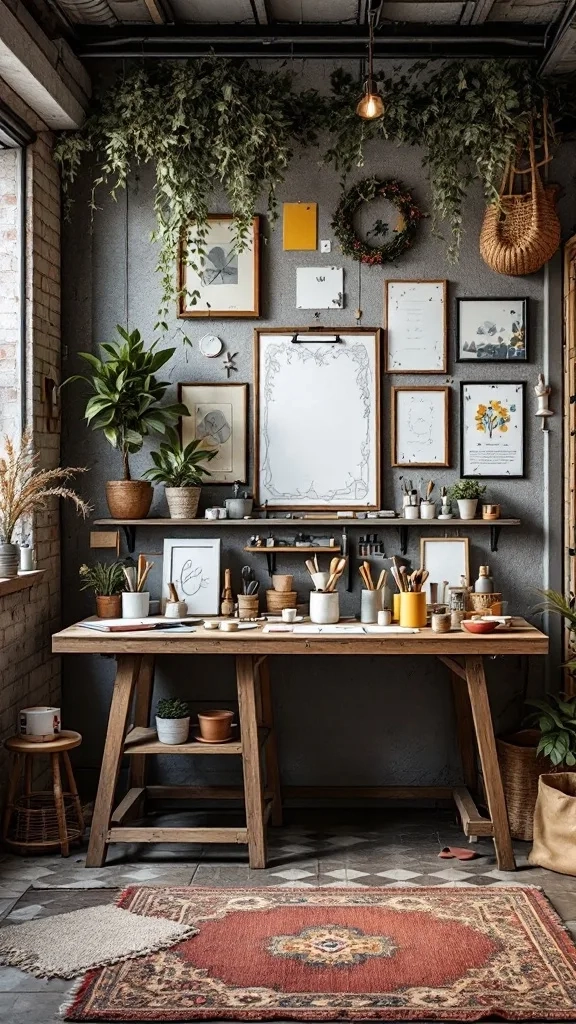 Craft station with a wooden table, plants, and artwork on the walls