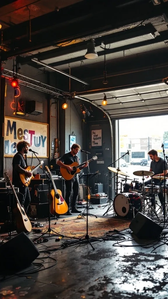 A band performing in a garage setting with guitars and drums.