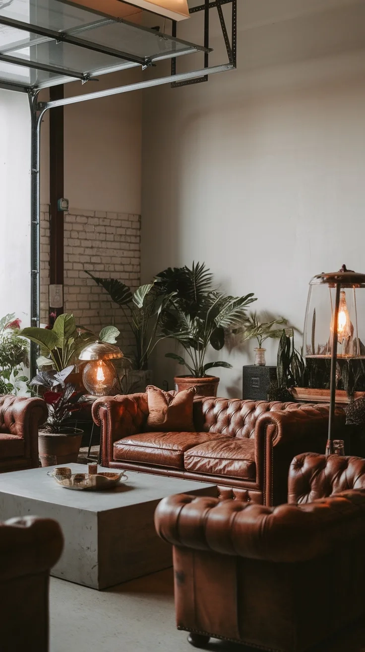 Luxurious lounge area in a garage featuring leather sofas, a modern coffee table, and plants.
