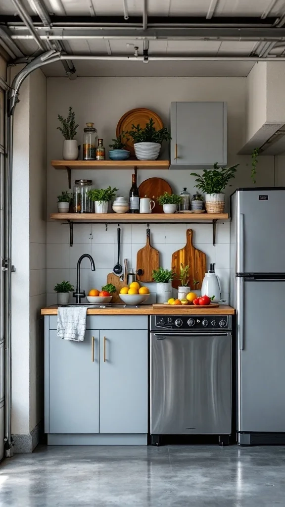 A stylish mini kitchenette in a garage featuring wooden shelves, a sink, and a small fridge.
