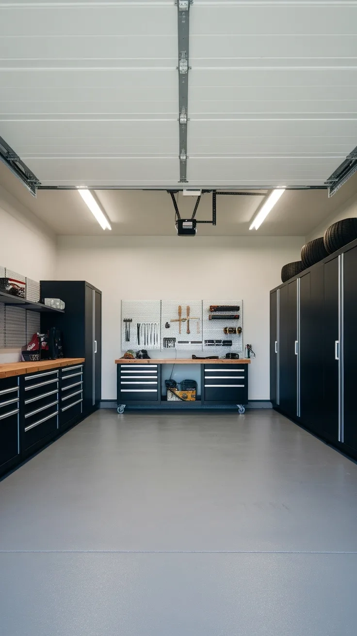 A modern minimalist garage featuring sleek black storage cabinets, a wooden workbench, and wall-mounted pegboards.