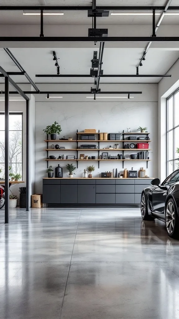 A sleek minimalist garage with polished concrete floor, organized shelving, and modern design elements.
