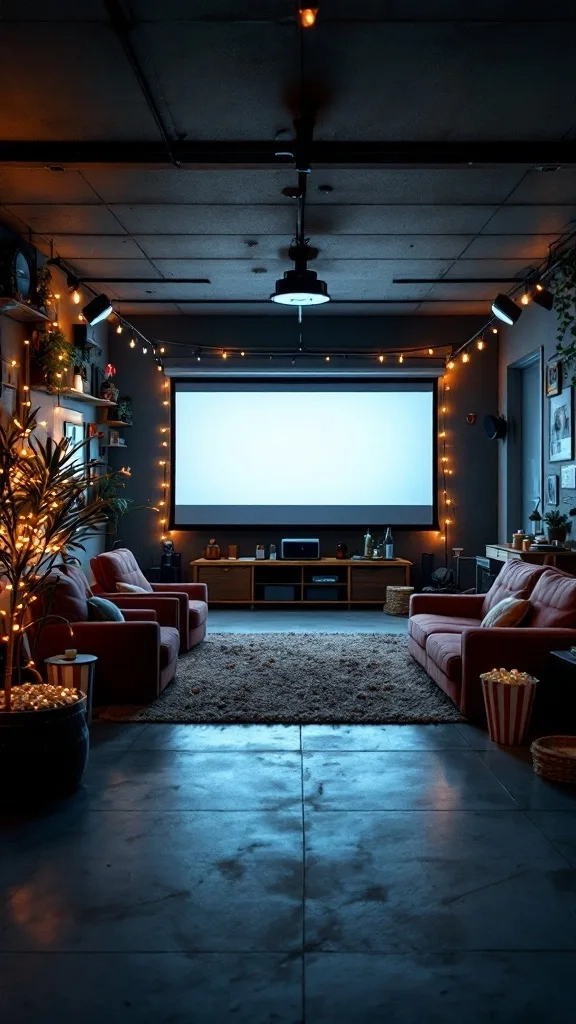 Cozy movie screening area in a garage with projector and seating