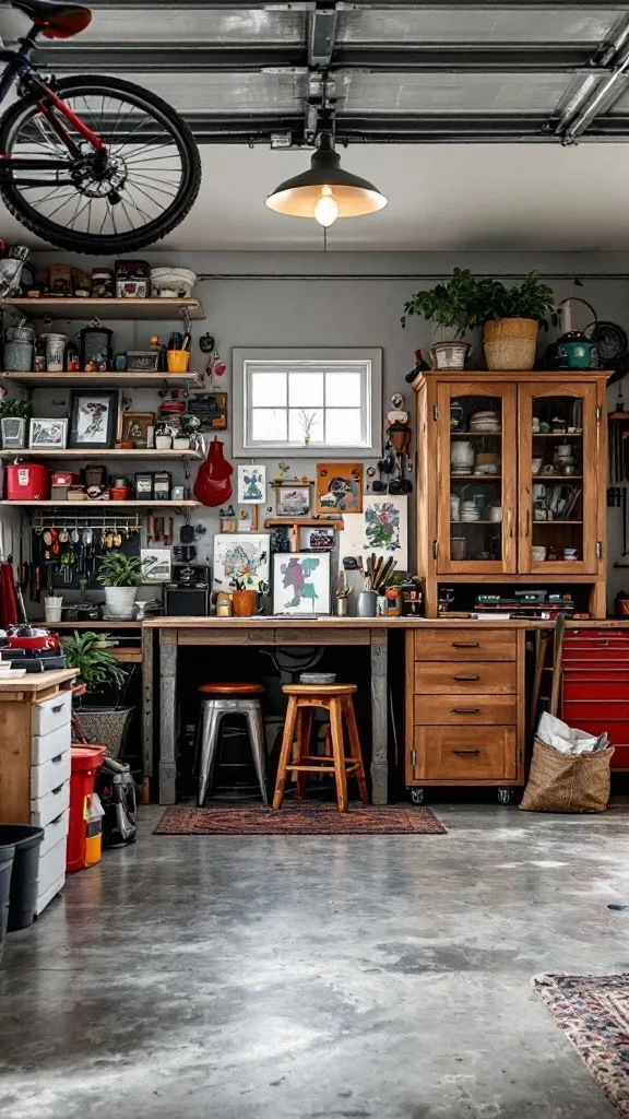 A modern garage featuring bicycles, storage, a work desk, and a mountain mural on the wall.
