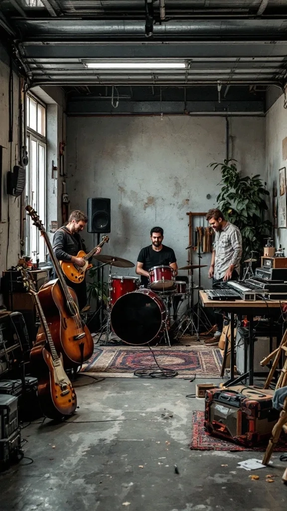 A group of friends playing musical instruments in a garage, creating a music corner.