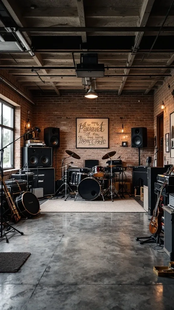A music practice space in a garage featuring instruments and sound equipment.