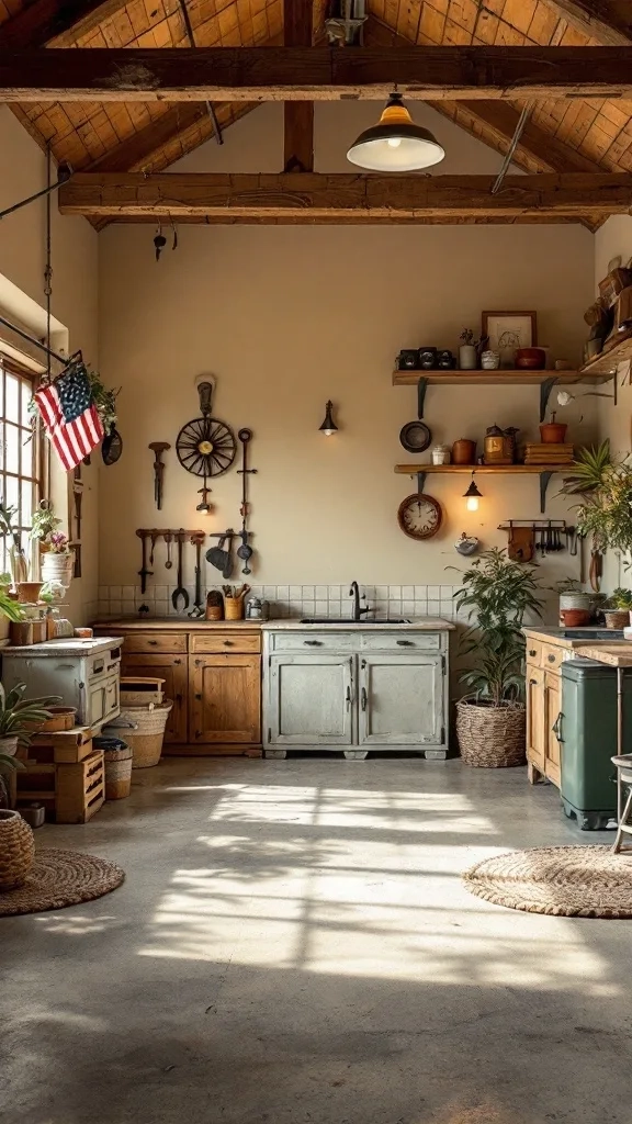 Cozy garage interior with aspen wood hues and rustic decor.