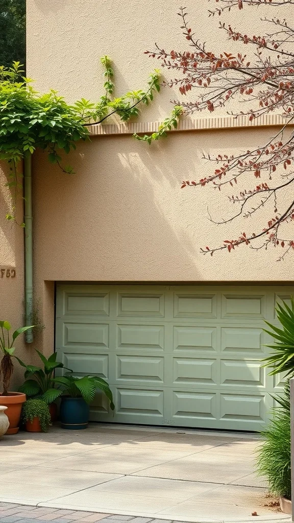 A garage with an olive green door and beige walls, surrounded by greenery.