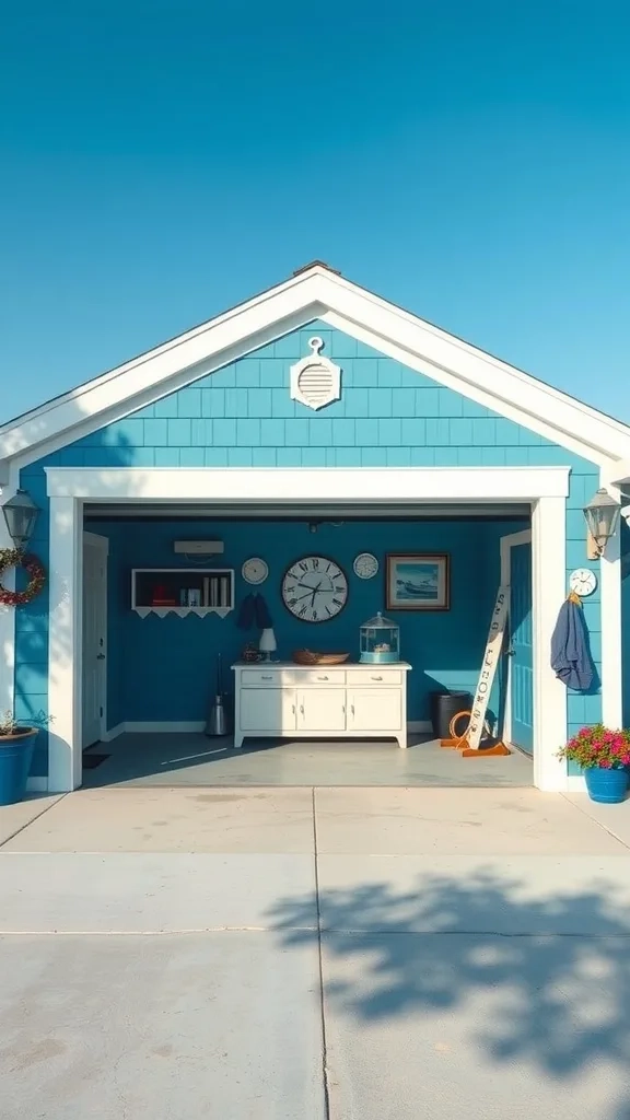 A vibrant ocean blue garage with crisp white trim and nautical decor.