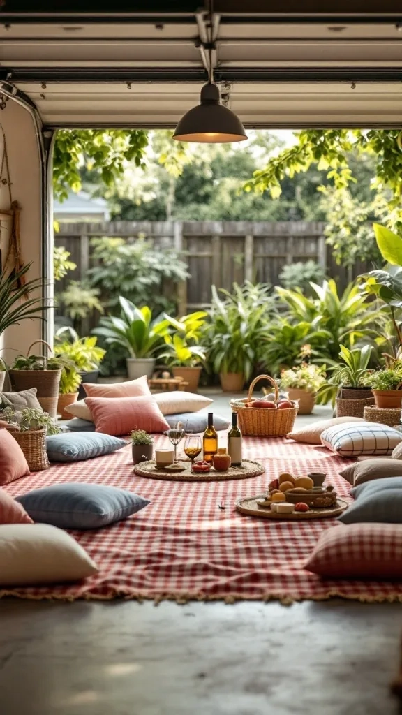 Cozy outdoor-inspired picnic setup in a garage with cushions, drinks, and plants.