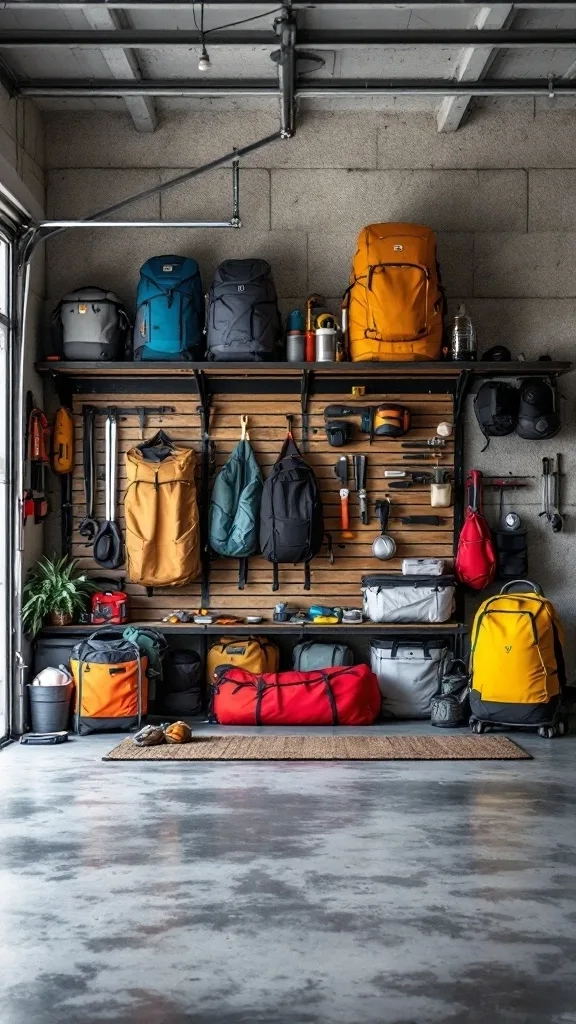 Organized garage wall with backpacks and adventure gear
