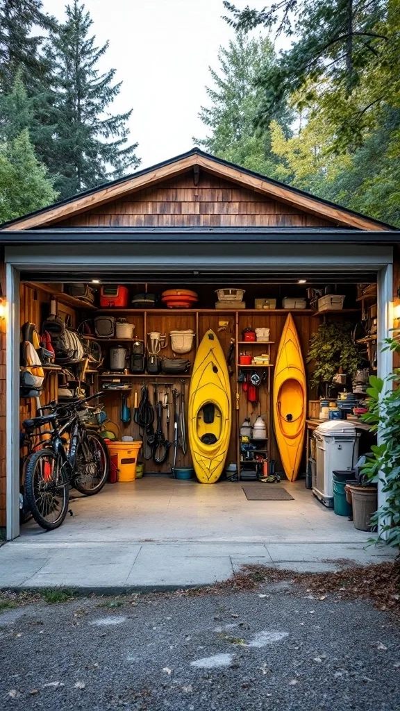 A well-organized garage with yellow kayaks, bikes, and storage bins, showcasing outdoor adventure gear.