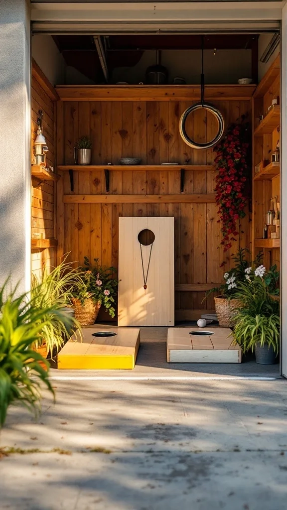 A cozy outdoor games corner with cornhole boards, potted plants, and a wooden backdrop.