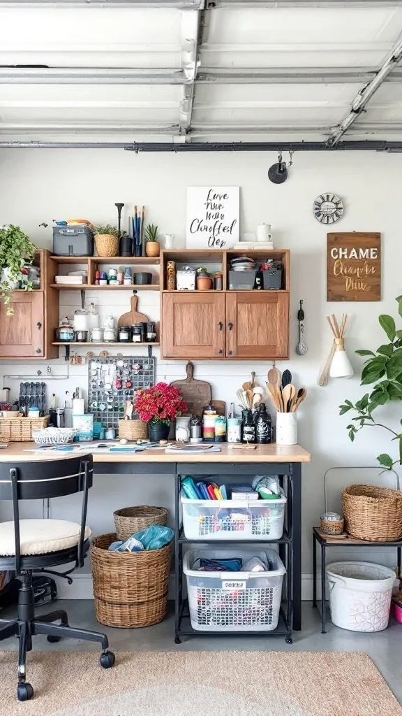 A well-organized crafting area in a garage with a desk, shelves, and colorful storage bins.