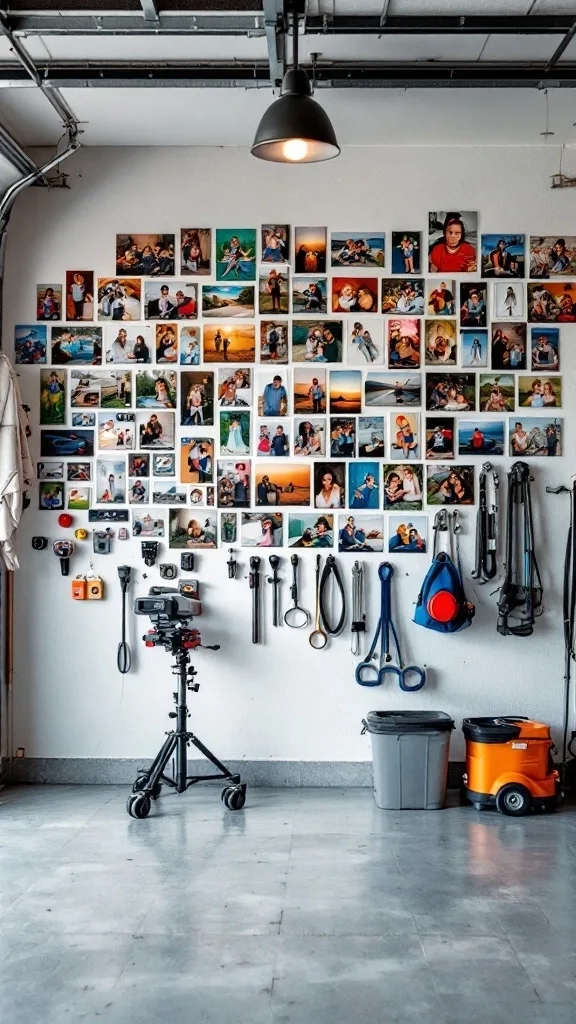 A wall filled with personal photos in a garage, showcasing memories and tools