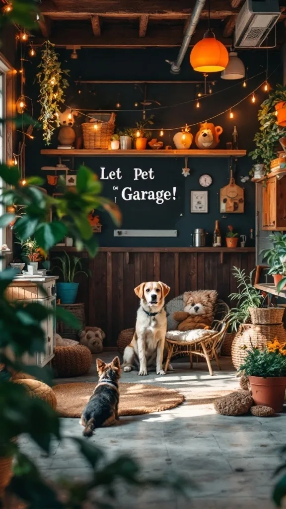 Cozy pet-friendly garage hangout with warm lighting, rugs, and plants.