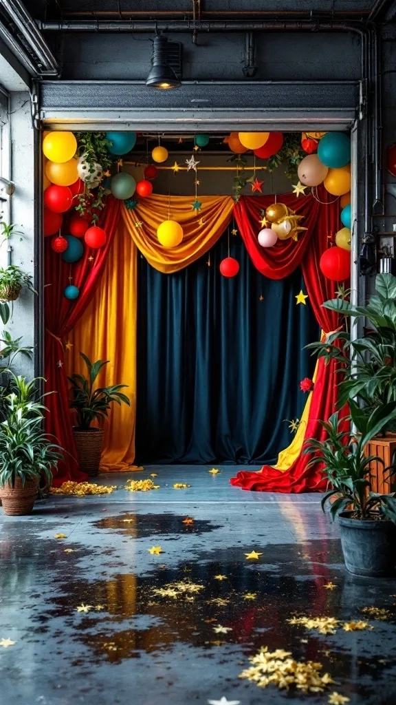 Colorful photo booth setup with balloons, drapes, and plants in a garage.