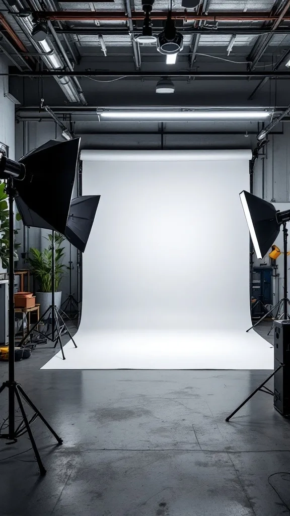 Photography studio setup with white backdrop and lighting in a garage
