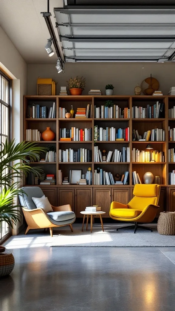 A cozy reading nook in a garage with two chairs, a table, and a bookshelf filled with books.